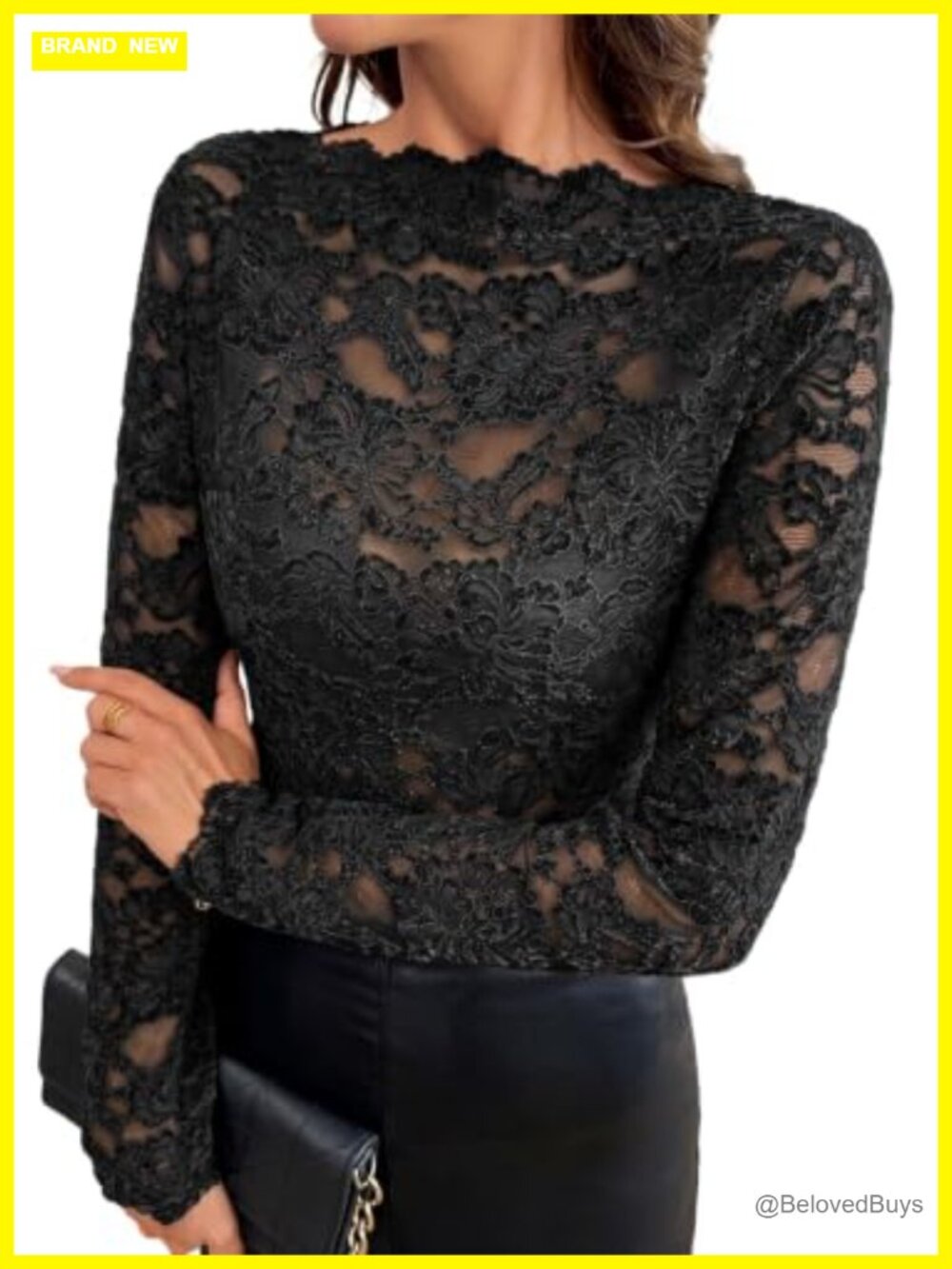 Lace Long Sleeve Sheer Mesh Floral Blouse Slim Fit Pullover Top